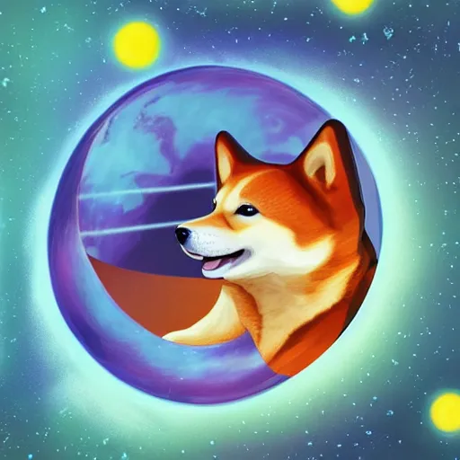 Prompt: cosmic shiba inu eating a planet in its mouth, digital art