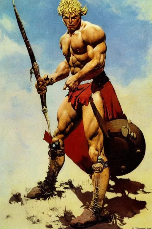 Image similar to sneering roman legioneer, blonde short hair. big muscles. by Frank Frazetta