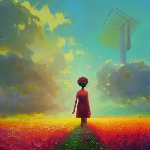 Image similar to giant flower as a head, girl walking in flower field, surreal photography, sunrise, dramatic light, impressionist painting, colorful clouds, digital painting, artstation, simon stalenhag