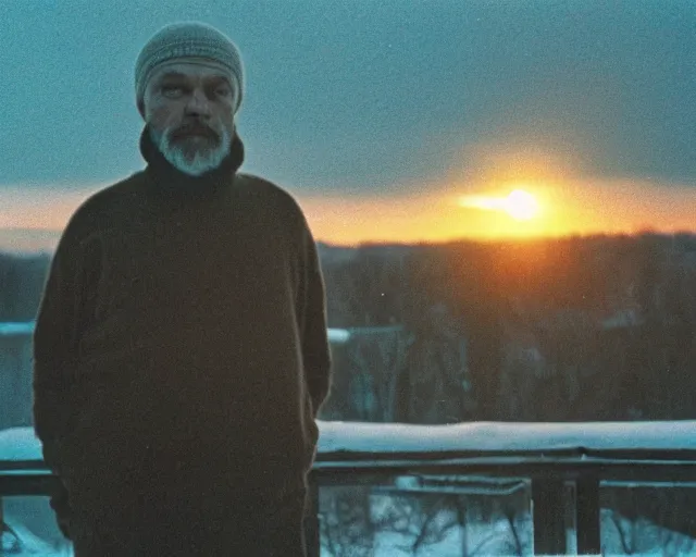 Image similar to award - winning lomographic tarkovsky film still of 4 0 years russian man with beard and sweater standing on small hrushevka 9 th floor balcony in taiga looking at sunset, cinestill, bokeh