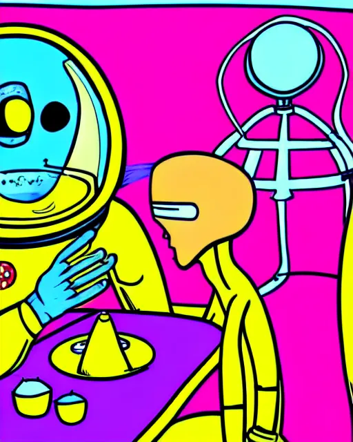 Image similar to an illustration of an astronaut meeting an alien for afternoon tea. funny. detailed. colorful. psychedelic