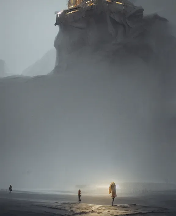 Prompt: surreal romantic prometheus horizontal white exploration massive architecture base, ochre ancient palette, building architecture by ruan jia, futuristic, blame, white architecture in the beach in iceland, foggy, highly detailed, digital painting, arstation, concept art, hyperealistic octane render, unreal engine