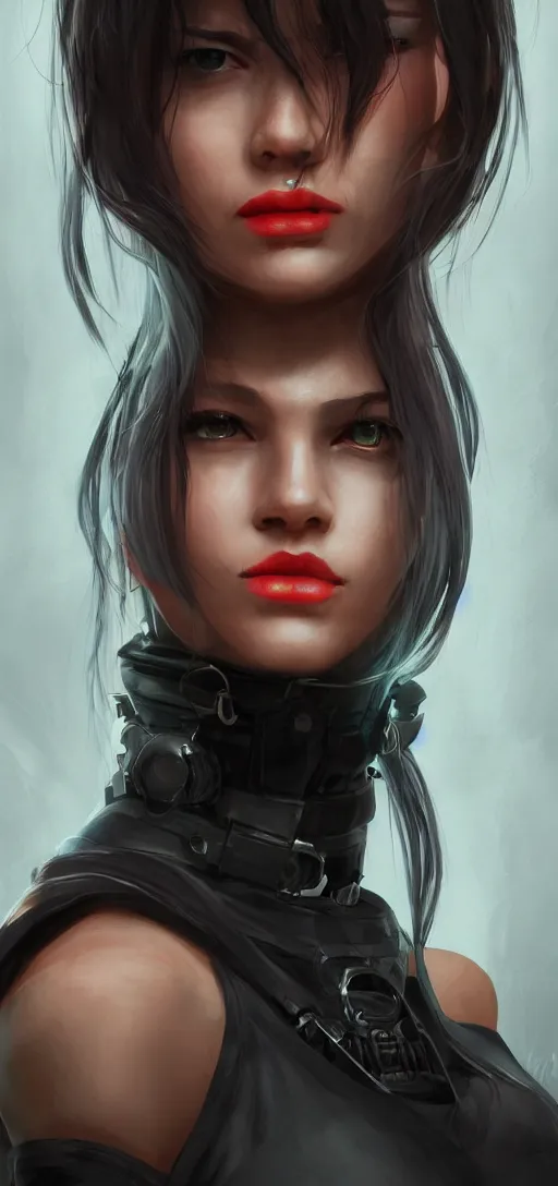 Prompt: headshot artwork of cyberpunk woman wearing thick black choker, collar on neck, realistic, artstation, neon,