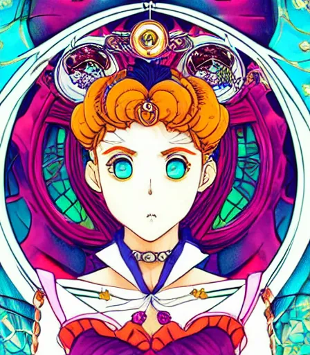 Prompt: hyper detailed comic illustration of a Rococopunk Sailor Moon, hourglass figure, gorgeous face, by Hayao Miyazaki intricate details, bright vibrant colors , solid background, low angle fish eye lens