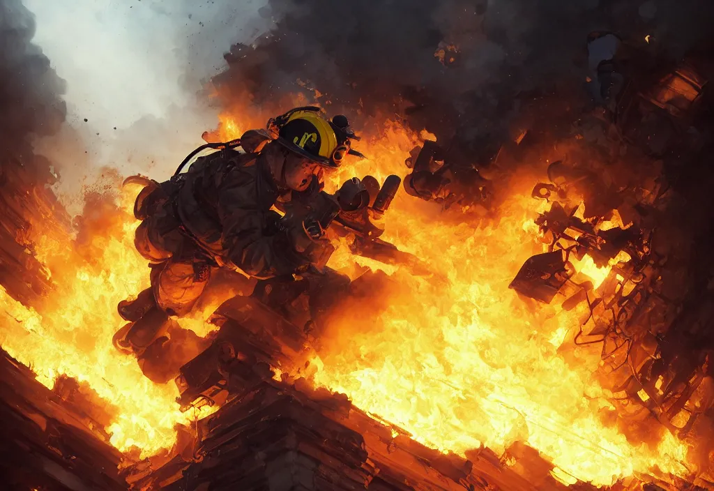 Image similar to one heroic firefighter in action in black and yellow uniform, fire flames, sharp details, sharp focus, realistic, highly detailed, illustration, by jordan grimmer and greg rutkowski and pine ( ハイネ ) and 薯 子 imoko and 香 川 悠 作 and wlop and maya takamura, intricate