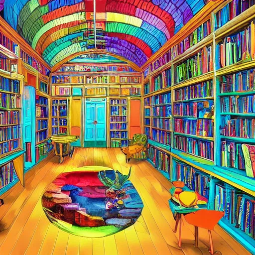 Image similar to an imagination machine bursting with colours, inside a wizards room, books are on shelves, machine parts litter the floor, in the style of studio ghibli