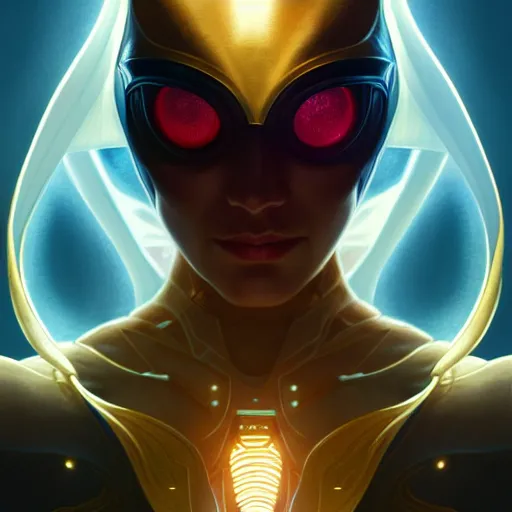 Image similar to superhero, sci fi, glowing eyes, volumetric lights, gold theme, art nouveau botanicals, intricate, highly detailed, digital painting, artstation, concept art, smooth, sharp focus, cinematic, illustration, beautiful face, art by artgerm and greg rutkowski and alphonse mucha