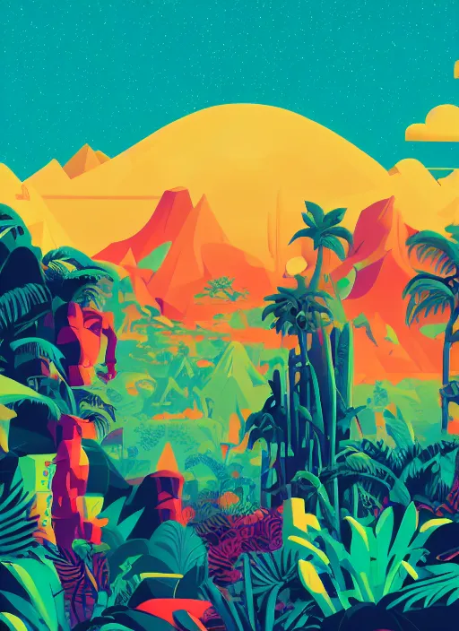 Prompt: cursed multicolored jungle with mountains in background, tom whalen, james gilleard, liam brazier, tristan eaton
