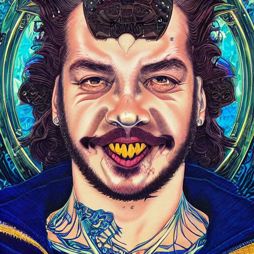 Image similar to portrait of post malone, symmetrical, glamour, by yoichi hatakenaka, masamune shirow, josan gonzales and dan mumford, ayami kojima, takato yamamoto, barclay shaw, karol bak, yukito kishiro