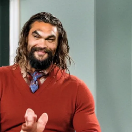 Image similar to a still image of jason momoa as mr. rogers