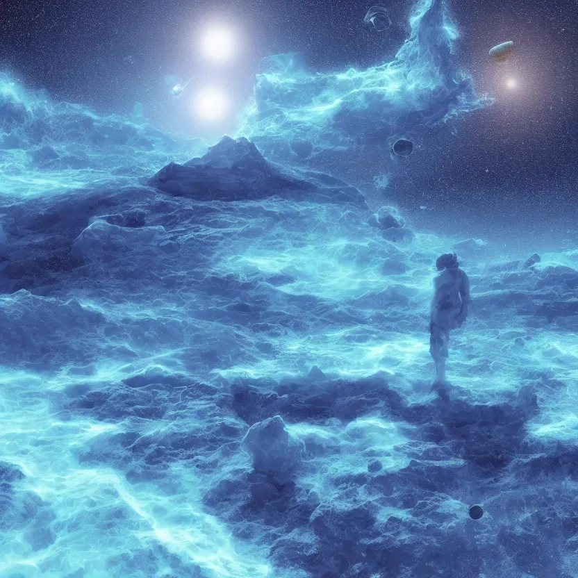 Image similar to standing on neptune, looking out into the vastness of space, digital art