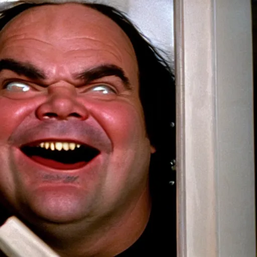 Prompt: film Footage from the Shining: Jack Black's face looking through a rough vertical hole in a white door after he used an ax to make the hole. He is grinning with his brows down in an evil expression, facing the camera but looking to the right.