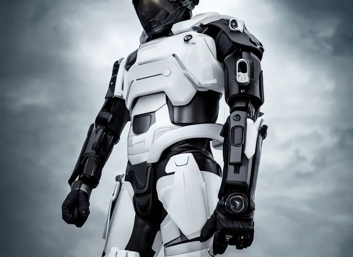 Image similar to cinematic photoshoot of clean modern hand crafted super futuristic tech soldier with exo suit pro display xpr luxury smooth color metal white silver with black leather padding well design ultrareallistic detailed high quality 8 k photorealistic ultra realistic