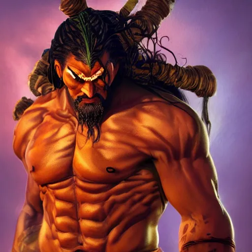 Image similar to jason momoa as dhalsim street fighter, ultra realistic, concept art, intricate details, highly detailed, photorealistic, octane render, 8 k, unreal engine, art by frank frazetta, simon bisley, brom