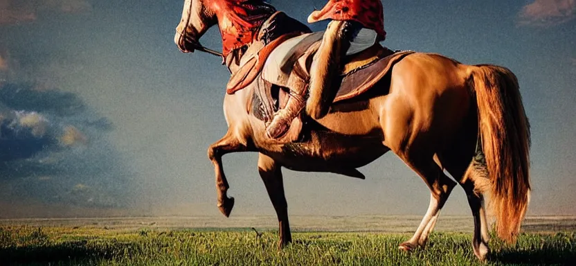 Image similar to “ luffy riding horse, side shot, 8 k resolution, high detailed ”