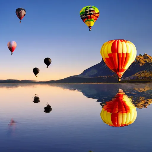 Image similar to photo of two black swans touching heads in a beautiful reflective mountain lake, a colorful hot air balloon is flying above reflecting off water, hot air balloon, intricate, 8k highly professionally detailed, centered, HDR, CGsociety