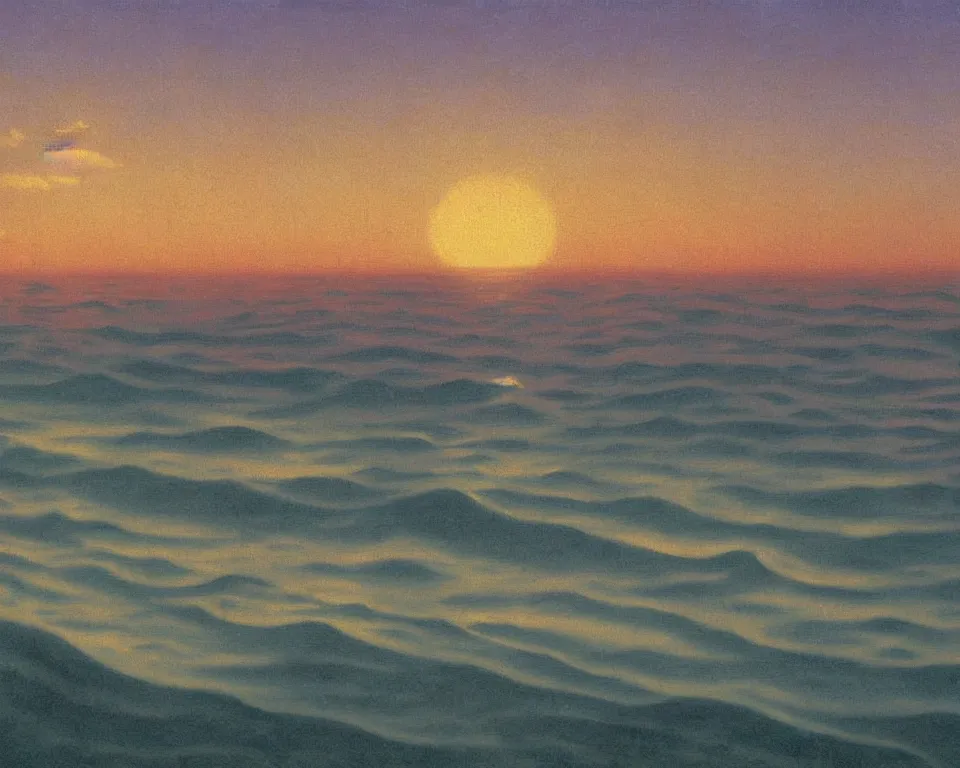 Prompt: an achingly beautiful print of an ocean sunset by Raphael, Hopper, and Rene Magritte. detailed, romantic, enchanting, trending on artstation.