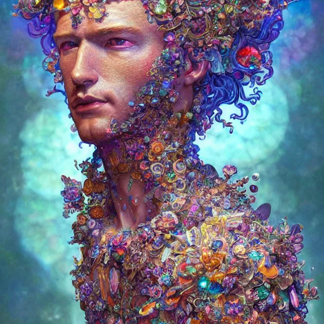 Prompt: a stunning rendition of full-body male sculpture made of fractal gems, fractal crystals, very intricate, hyper realistic, octane render, very colorful, vibrant, cinematic, amazing details, by james jean, by brian froud, by ross tran, by alphonse mucha