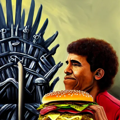 Image similar to intricate oil painting of barrack obama eating a cheese burger sitting on the iron throne, surrounded by his dragons, concept art, intricate, highly detailed, omnious atmosphere, trending on artstation