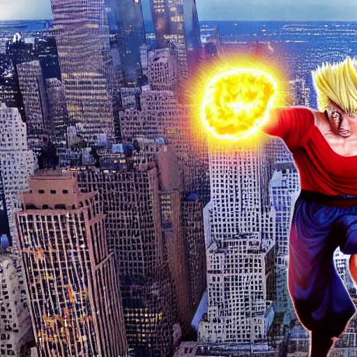 Prompt: photorealistic of an hyper realistic super sayan trump flying in the sky and prepare a kamehameha above new york city. accurate and high details on trump's face. intricate, highly detailed, unreal engine 5.