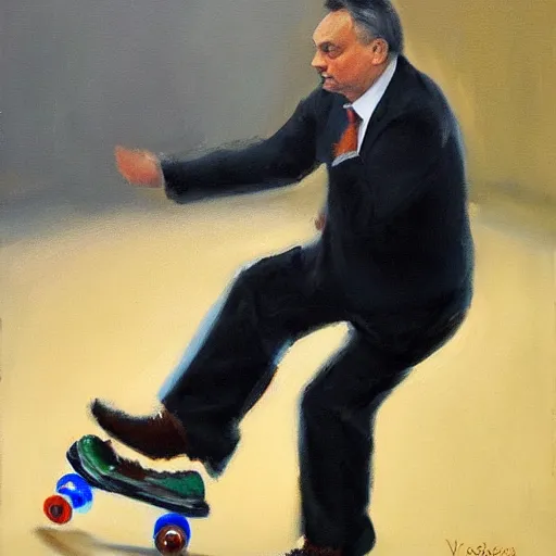 Prompt: viktor orban putting on rollerskates, oil painting