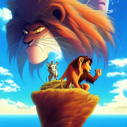 Image similar to film still long of The lion king art by Dice Tsutsumi, Makoto Shinkai, Studio Ghibli, playstation 2 printed game poster cover, cover art, poster, poster!!!