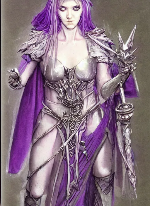 Image similar to portrait of young female prophetess of the endtimes, transluscent skin, silver filigreed armor, lavender hair, beautiful! coherent! dungeons and dragons character, by brian froud, strong line, cool night color, high contrast