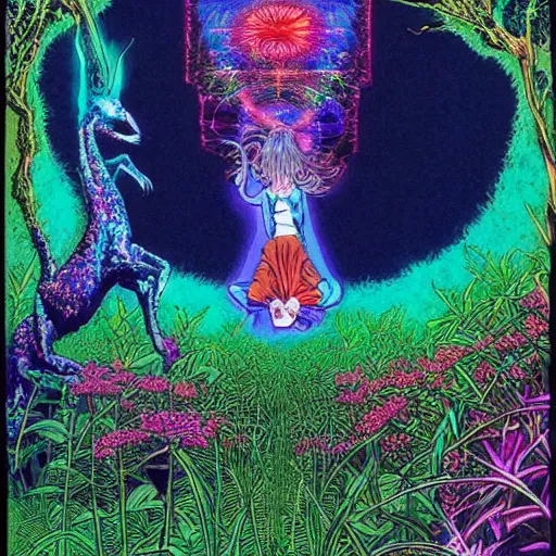 Prompt: A beautiful composition of a psychedelic glowing spirit animal psychonaut floating above a hedge maze, DMT, rich details full of texture, realistic eyes, artwork by Satoshi Kon and Yoshitaka Amano and Moebius,