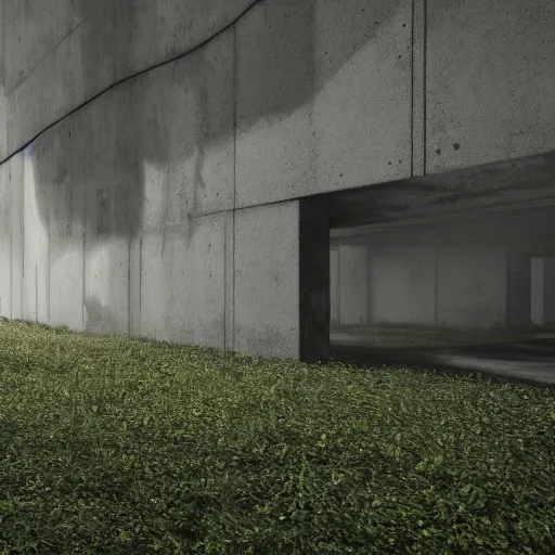 Prompt: An overgrown sanctuary on the side of a gigantic concrete wall structure, architecture, cinematic, foggy, octane render, muted colour pallete