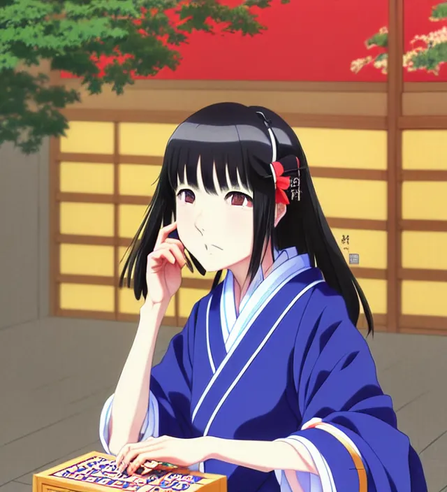 Image similar to anime visual, portrait of a japanese woman in traditional clothes outside a temple playing shogi, cute face by ilya kuvshinov, yoshinari yoh, makoto shinkai, katsura masakazu, dynamic perspective pose, detailed facial features, kyoani, rounded eyes, crisp and sharp, cel shad, anime poster, ambient light