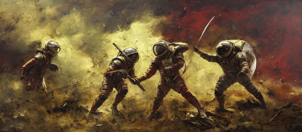 Image similar to battle scene, gladiator - astronaut using knives, segmented armor, luminist style, tonalism, dramatic lighting, action scene, palette knife, frenetic brushwork, chiaroscuro, figurative art, detailed, proportions, spatter, dust, atmospheric, volumetric lighting, red iron oxide, raw sienna, and sage green