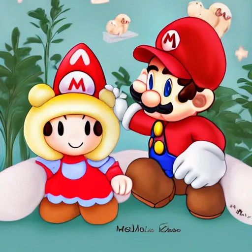 Prompt: milk & mocha bear as mario and princess peach by melani sie, milk is a white bear and mocha is a brown bear, cute and adorable, matte painting