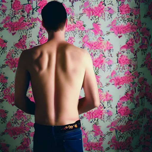 Image similar to kodak portra 4 0 0 photograph of a skinny blonde guy standing in front of floral wallpaper, back view, moody lighting, telephoto, 9 0 s vibe, blurry background, vaporwave colors, faded!,
