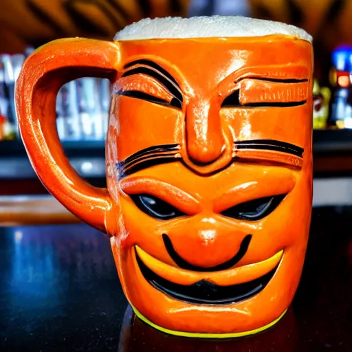 Image similar to a closeup photorealistic photograph of an orange cat garfield style tiki mug at a trader vic's bar with garfield's face on the front. tiki party. bright scene. fine detail. this 4 k hd image is trending on artstation, featured on behance, well - rendered, extra crisp, features intricate detail, epic composition and the style of unreal engine.