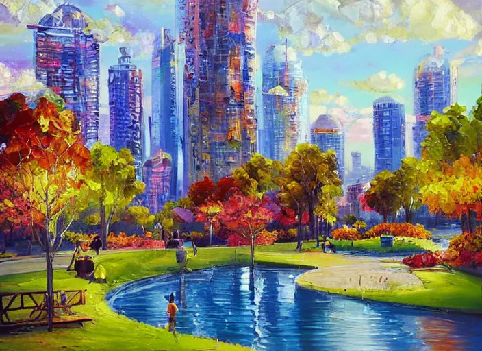 Image similar to bright beautiful oil painting of a futuristic city park by Tatyana Yablonskaya