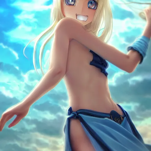 Image similar to a very beautiful young anime jedi girl, full body, long wavy blond hair, sky blue eyes, full round face, evil grin, bikini, miniskirt, front view, mid - shot, highly detailed, cinematic wallpaper by stanley artgerm lau