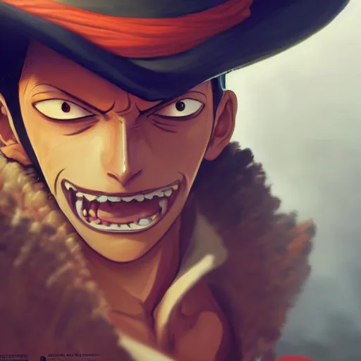 Image similar to closeup portrait of strawhat luffy, dramatic lighting, pirate background, artstation, high detail, by greg rutkowski