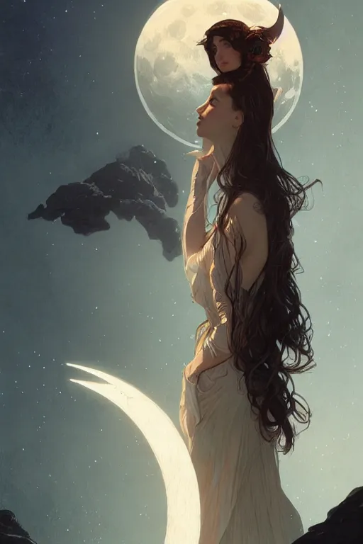 Prompt: long hair girl, portrait, moon night background, high detail, concept art, digital art, illustration, smooth, sharp focus, greg rutkowski, alphonse mucha, trending on artstation, trending on deviantart,