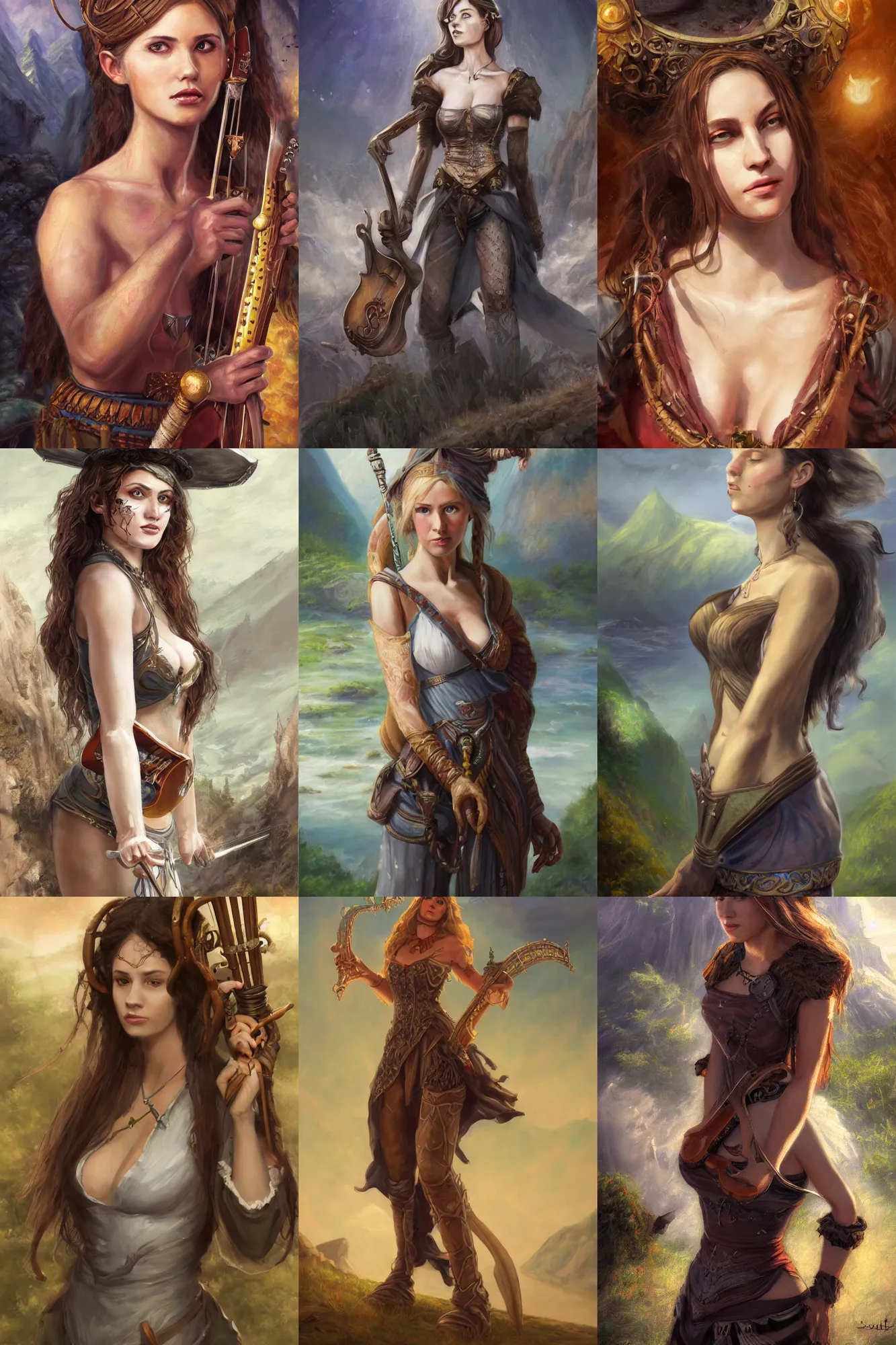 Image similar to a full body high detail fantasy portrait oil painting illustration of a single beautiful bard woman by justin sweet with face and body clearly visible, in a scenic background, pretty eyes, realistic proportions, d & d, rpg, forgotten realms, artstation trending, high quality, sombre mood, artstation trending, muted colours, entire person visible!