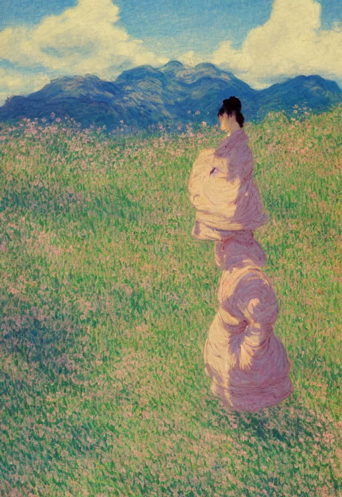 Image similar to tiny character in front of a beautiful japanese country side landscape, ryokans in the background, blue sky, magnificient clouds, lofi vibe, vivide colors, amazing light, really beautiful nature, oil painting, impressionist style, by jeremy lipkin, by claude monet, by ghibli, kandinsky touches, multiple brush strokes, masterpiece