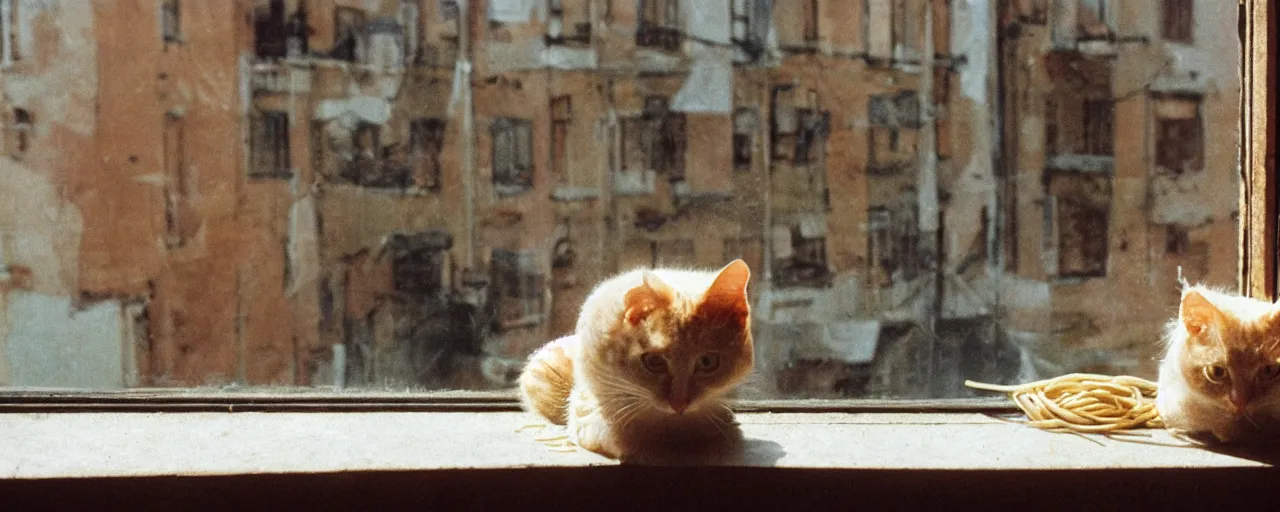 Prompt: only 1 cat playing with spaghetti on a windowsill, city apartment, small details, intricate, sharply focused, canon 5 0 mm, wes anderson film, kodachrome
