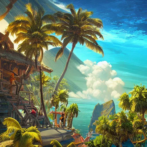 Image similar to a painting a breathtaking aerial view of Hawaiian islands with Pirates, surrounded by palm trees, clouds, flowers, volcano, azure ocean, sunlight glistening, glow, , a detailed matte painting by sylvain sarrailh, Stephan Martinière, by RHADS, Makoto Shinkai, bokeh, Artstation contest winner, fantasy art, concept art, #vfxfriday