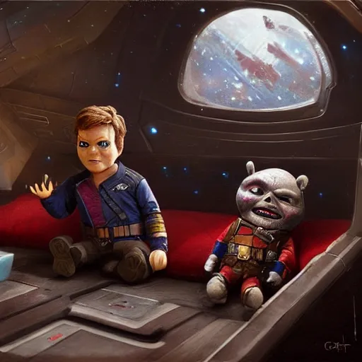 Image similar to the actor chris pratt as star lord sitting beside the doll chucky from child's play, inside a starship, oil painting, by greg rutkowski
