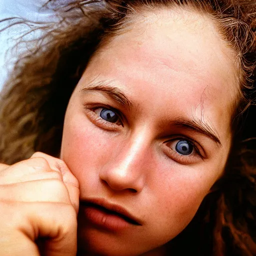 Image similar to a candid extreme closeup portrait of an expressive face of a adventurous young woman by annie leibovitz