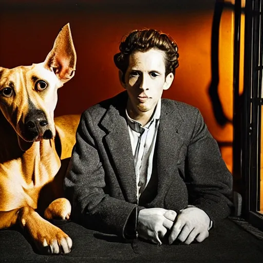 Image similar to golden god and his talking great dane solve mystery, sixties, vivid colour, horror, realistic photography