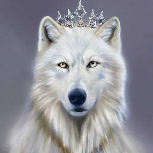 Image similar to A portrait of a white wolf wearing a crown, oil painting, masterpiece, artstation