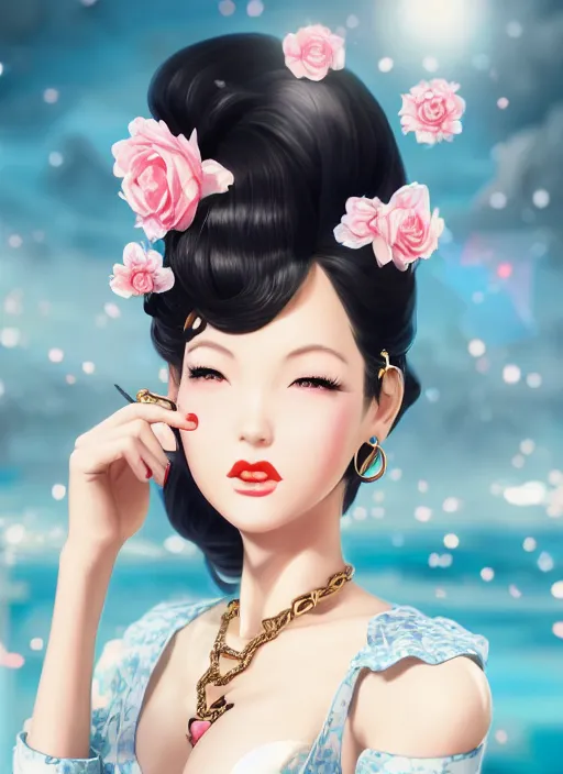 Image similar to a pin up and beautiful fashion dreamlke japan girl with lv jewelry, character art, art by artgerm, wlop, loish, hyperdetailed, 8 k realistic, symmetrical, global illumination, radiant light, frostbite 3 engine, cryengine, dof, trending on artstation, digital art, chanel, dior, detailed background