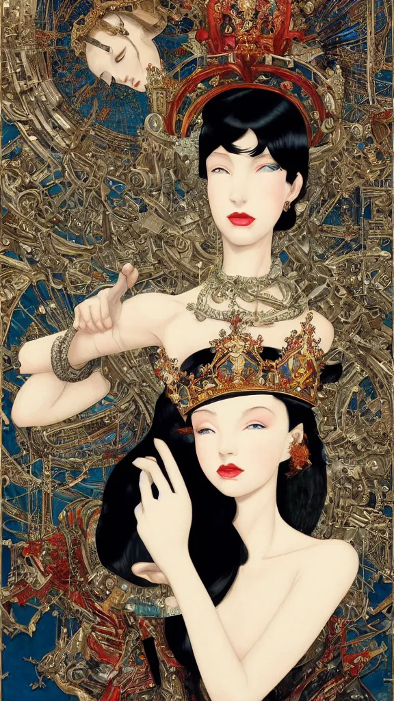 Image similar to a beautiful black haired woman with pale skin and a crown on her head sitted on an intricate metal throne new york circa 1 9 8 4 edward hopper and james gilleard, surreal, open ceiling, highly detailed, airbrush, ilya kuvshinov, wlop, stanley artgerm, very coherent, art by takato yamamoto and james jean