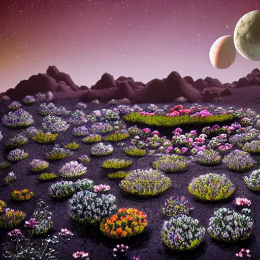 Prompt: a landscape on the moon with many craters, barren moon landscape, in a big crater at the center there is a beautiful flowering garden, 8 k, bokeh, lowbrow in the style of martin johnson heade and daniel merriam and roger dean,