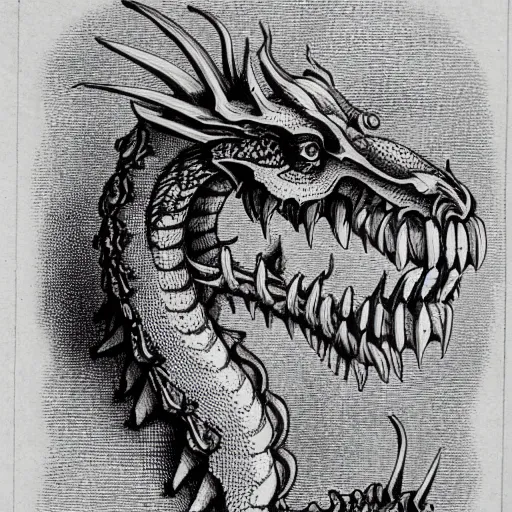 Image similar to fictional beast skeleton of dragon in victorian scientific illustration style